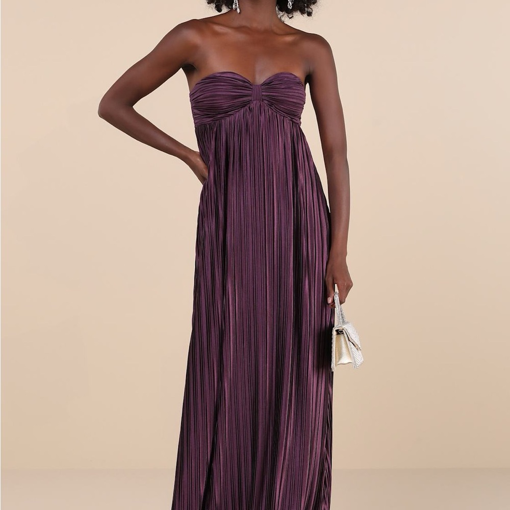 Lulu’s Whimsical Beauty Dark Purple Satin Plisse Strapless Maxi Dress